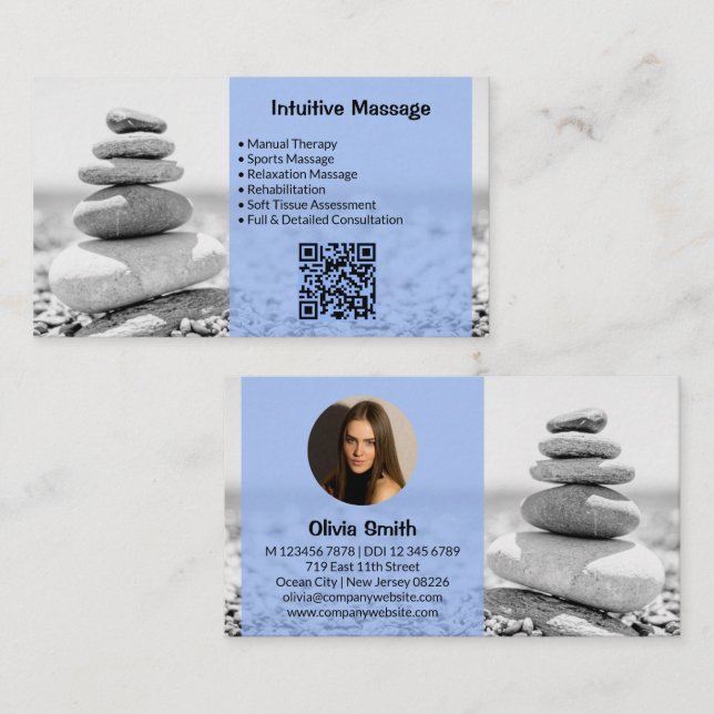 Professional Massage Blue Business Card With Photo (Front/Back)