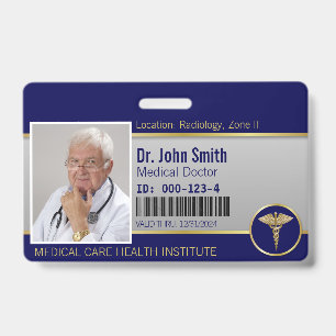 Professional Medical Caduceus Gold Blue Photo ID Badge