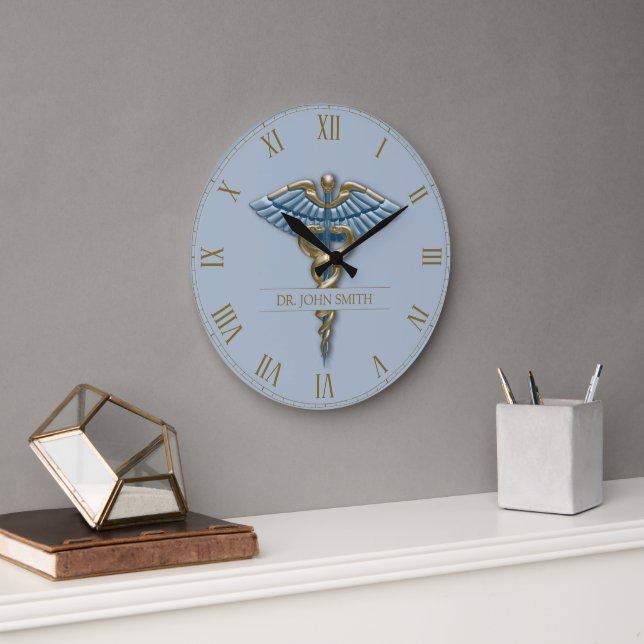Professional Medical Light Blue Gold Caduceus Name Large Clock (Office)
