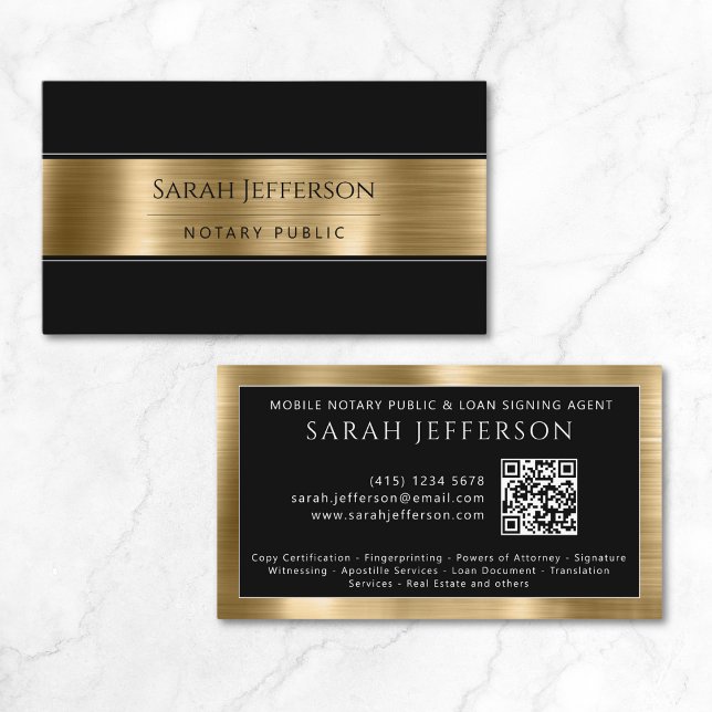 Professional Metallic Gold Black QR Notary Public Business Card (Professional Metallic Gold Black QR Notary Public Business Card)
