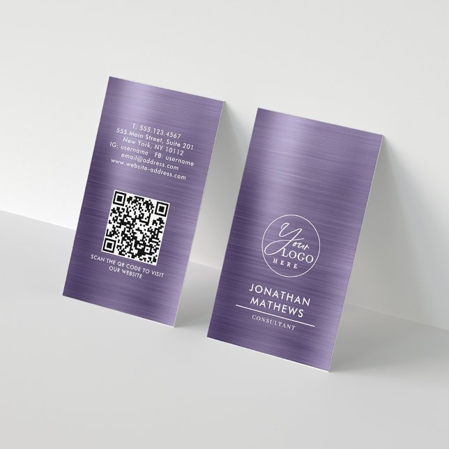 Professional Metallic Midnight Purple Logo QR Code Business Card (Creator Uploaded)