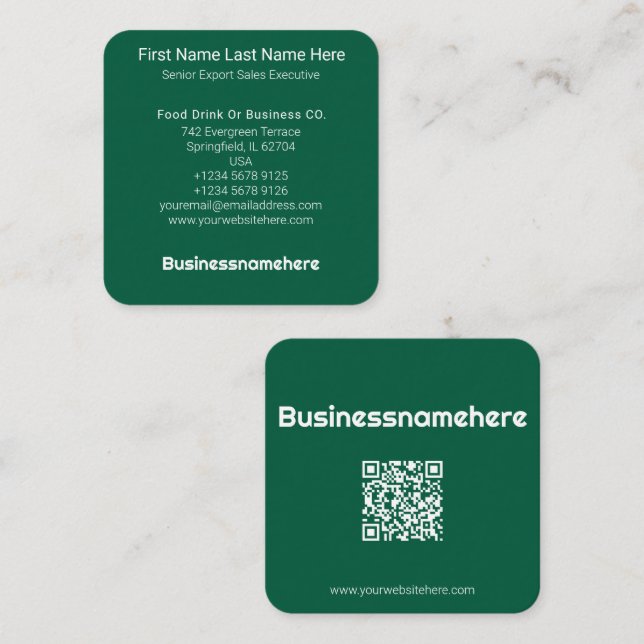 Professional Minimal Green QR Code Square Business Card (Front/Back)