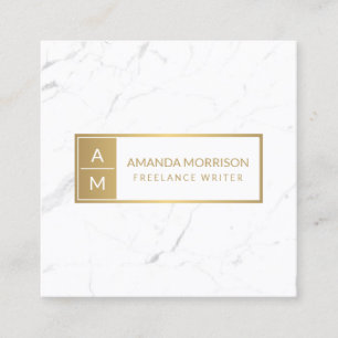 Professional Minimal Monogram Gold/White Marble Square Business Card