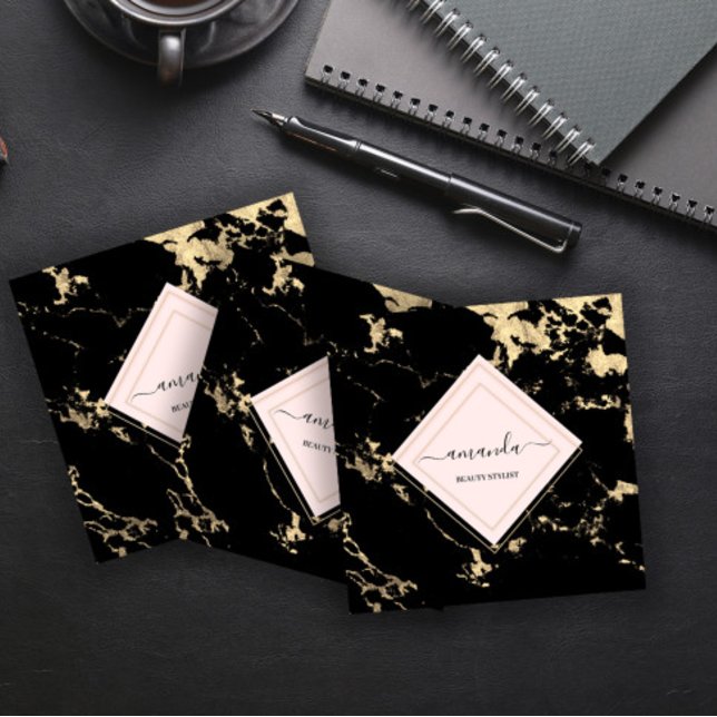 Professional Minimalism Frame Black Gold Marble Square Business Card (Creator Uploaded)
