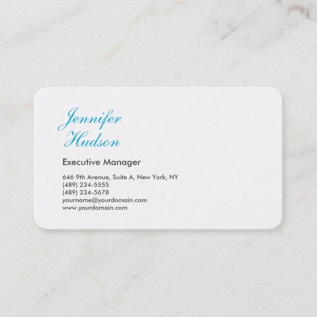 Professional minimalist azure blue calligraphy business card (Front)