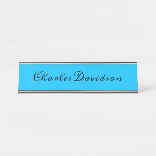 Professional Minimalist Calligraphy Deep Sky Blue Desk Name Plate (Front)
