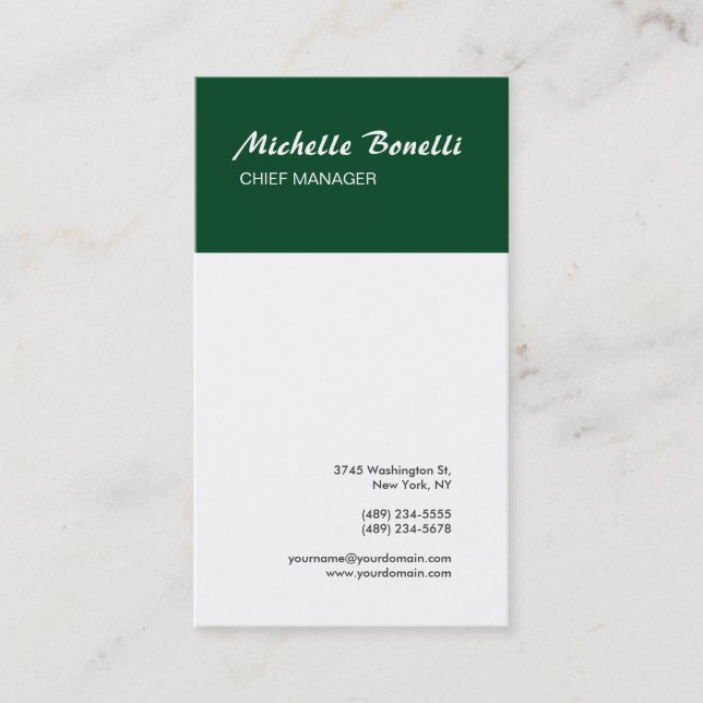Professional Minimalist Green & White Modern Plain Business Card (Front)