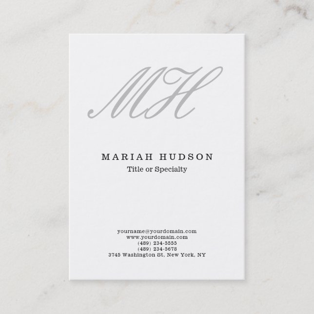 Professional Minimalist Grey Script Monogram White Business Card (Front)