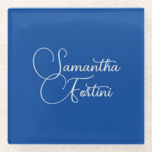 Professional minimalist handwriting name blue glass coaster