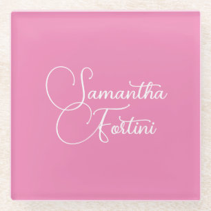 Professional minimalist handwriting name pink glass coaster