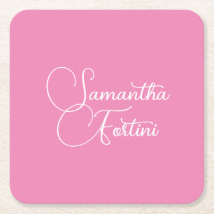 Professional minimalist handwriting name pink square paper coaster