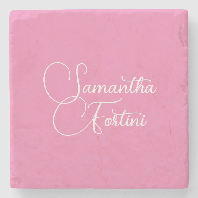 Professional minimalist handwriting name pink stone coaster (Front)