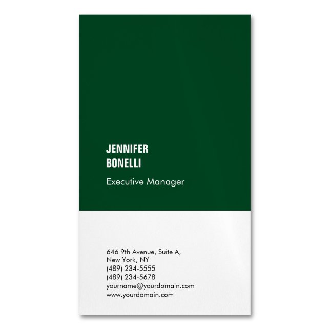 Professional minimalist modern forest green white magnetic business card (Front Vertical)