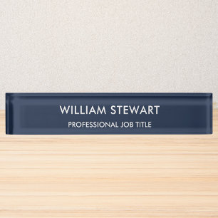 Professional Minimalist Navy Blue Employee Staff Nameplate