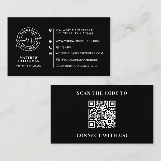Professional Minimalist QR Code Logo Black Business Card (Front/Back)