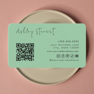 Professional Mint Green Qr Code Minimal Script Business Card