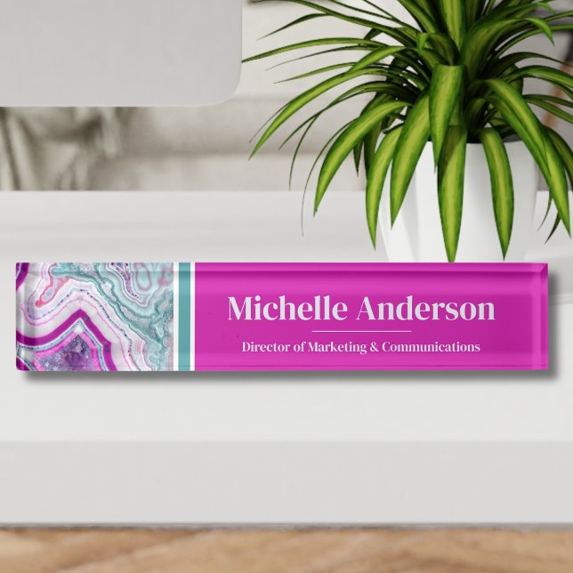 Professional Modern Agate Elegant Nameplate (Modern Teal Magenta Agate Desk Name Plate)