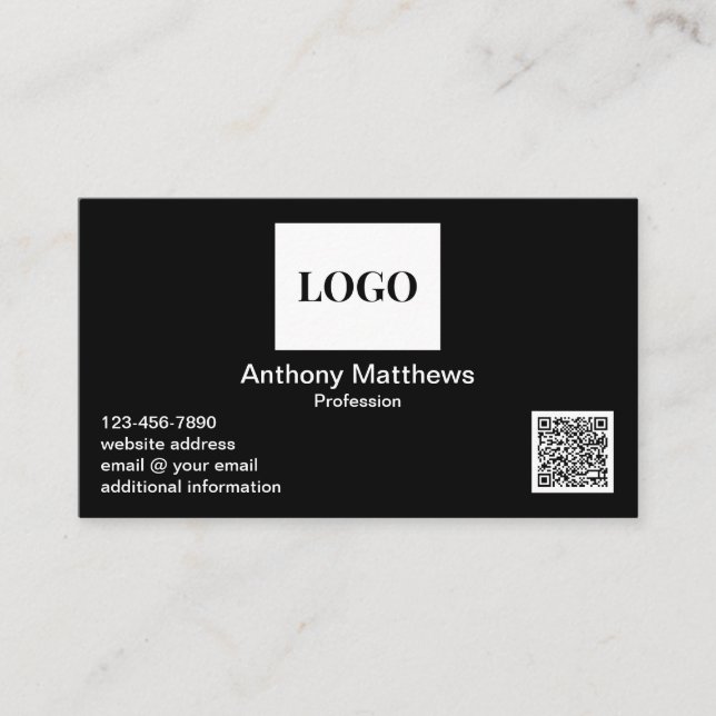 Professional Modern Black Add Logo and QR Code Business Card (Front)