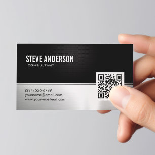 Professional Modern Black Silver Metallic QR Code Business Card