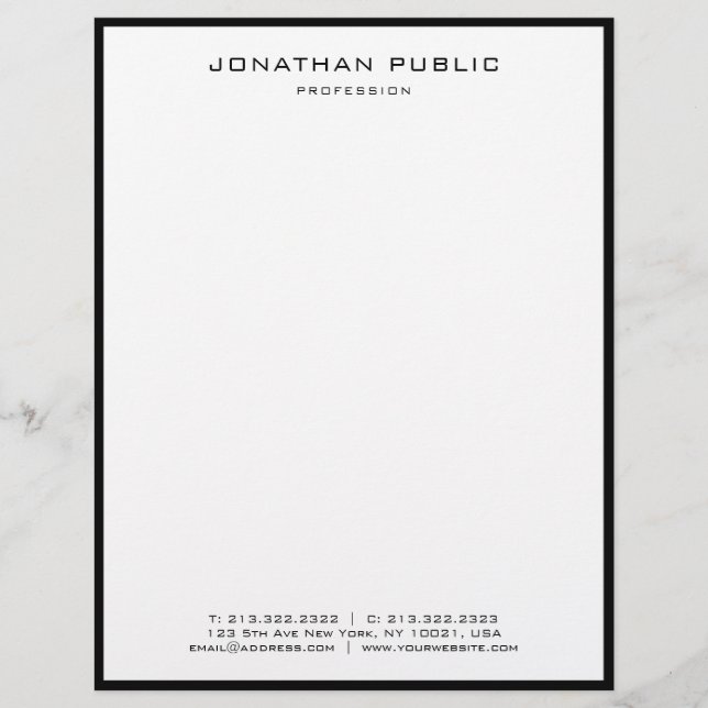 Professional Modern Black White Elegant Minimalist Custom Letterhead (Front)
