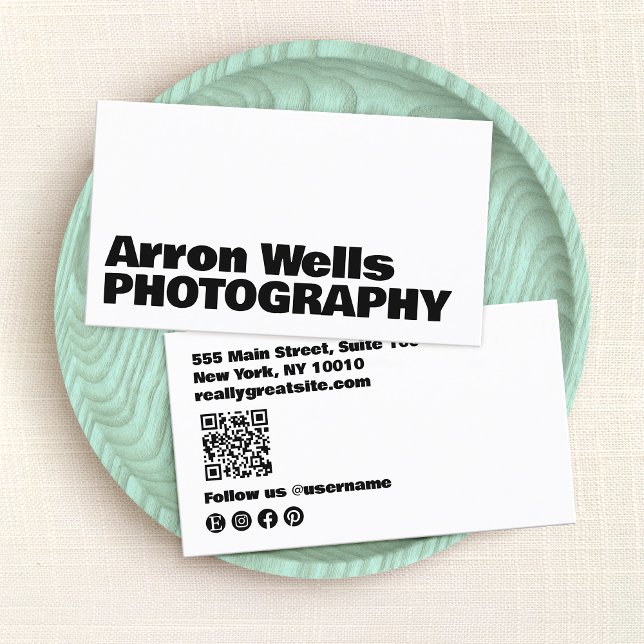 Professional Modern Bold Typography QR Code Business Card (Bold Typography balc and white business card with QR code and social media icons)