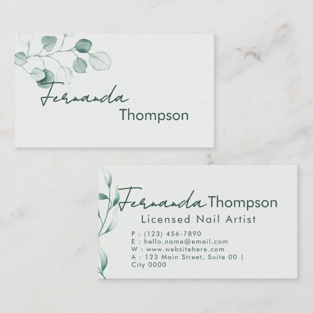 Professional Modern Botanical Nail Art Watercolor Business Card (Front/Back)