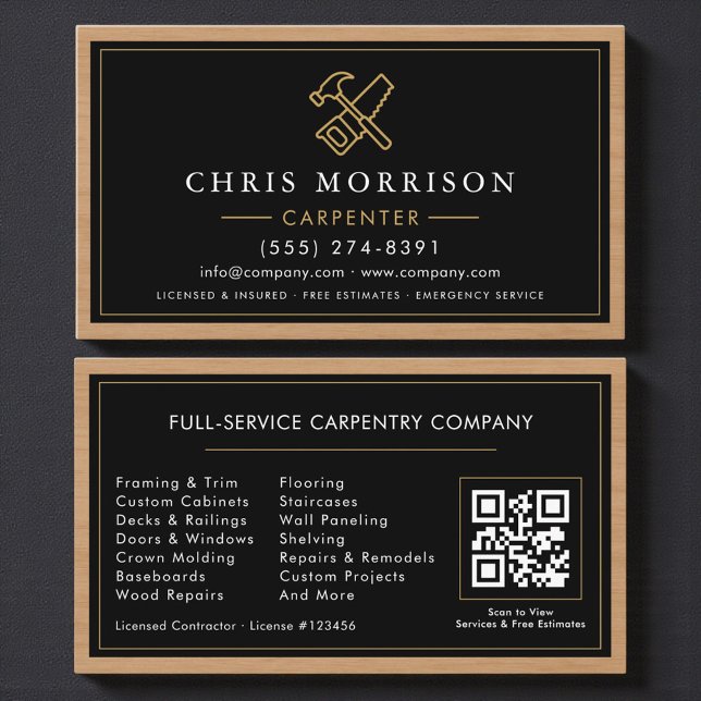 Professional Modern Carpenter Carpentry QR Code Business Card (Creator Uploaded)