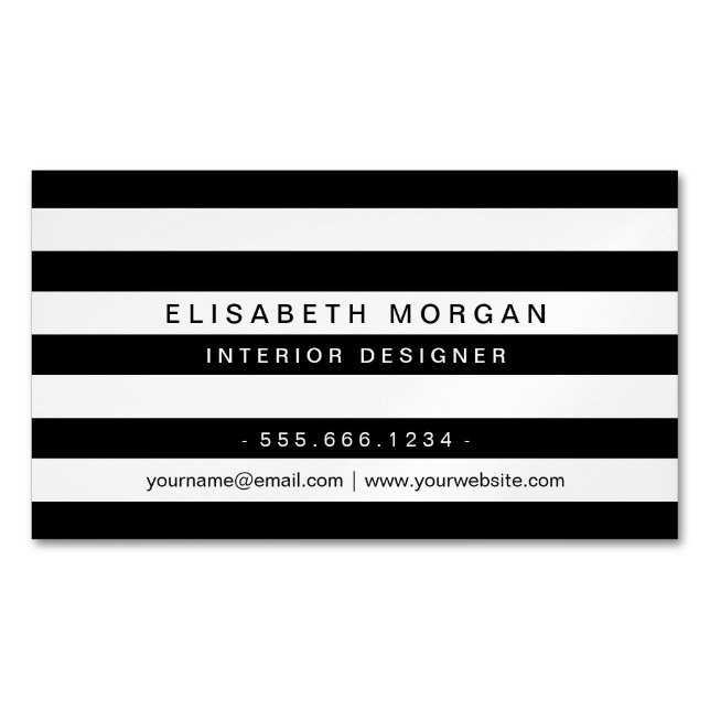 Professional Modern Classic Black White Stripes Magnetic Business Card (Front)