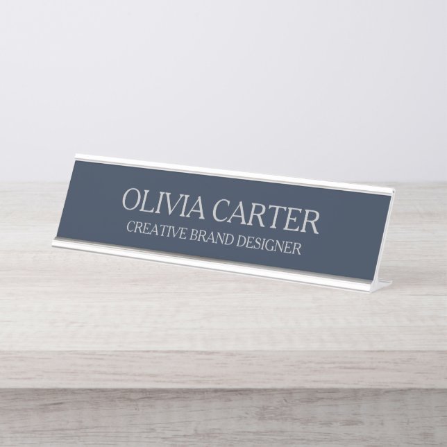 Professional Modern Classy Navy Silver Office Titl Desk Name Plate (Front)