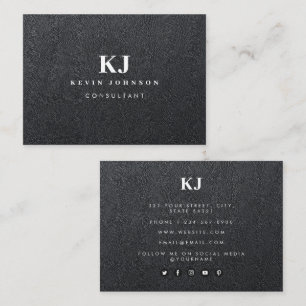 Professional Modern Faux Black Leather Monogram Business Card
