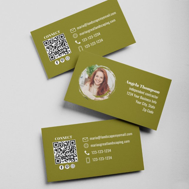Professional Modern Green Photo QR Code Business Card (Green modern business card design with simple qr code template.)