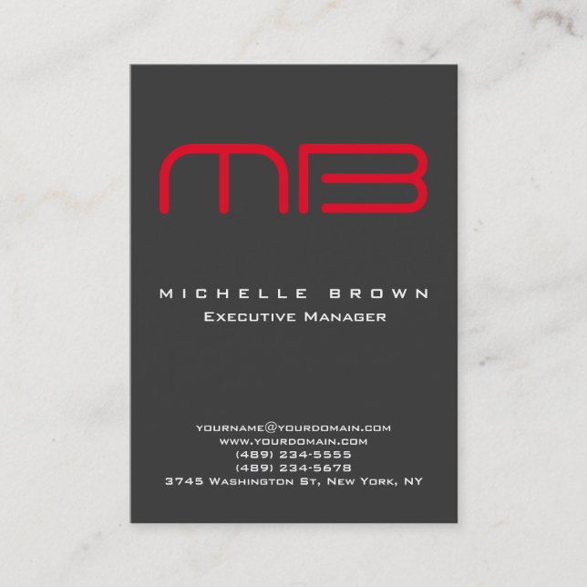 Professional Modern Grey Red Monogram Business Card (Front)
