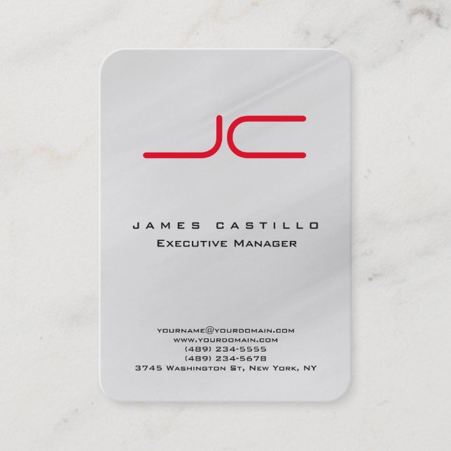 Professional Modern Grey Red Monogram Minimalist Business Card (Front)