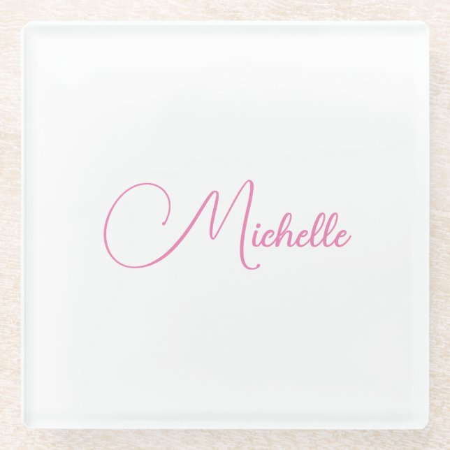 Professional modern handwriting name pink white glass coaster (Front)