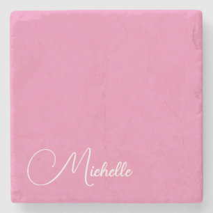 Professional modern handwriting name pink white stone coaster