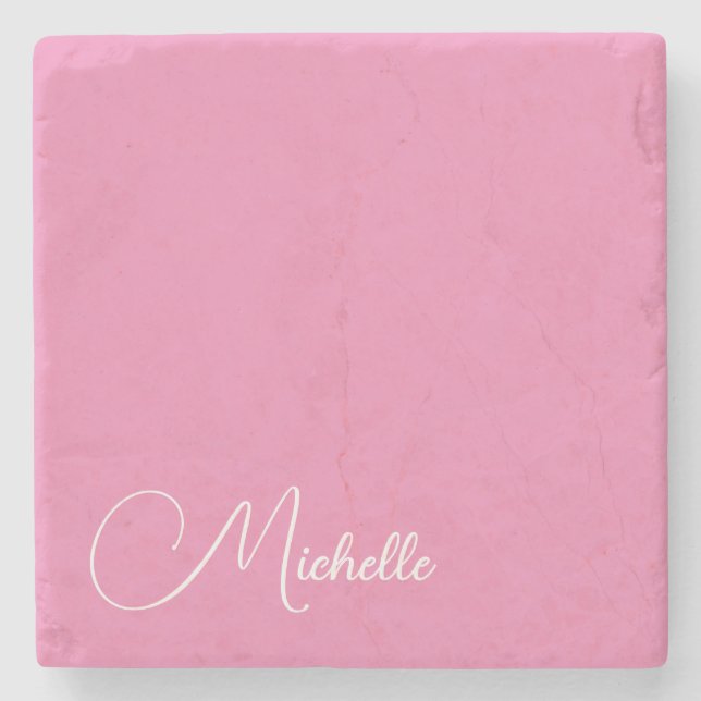 Professional modern handwriting name pink white stone coaster (Front)