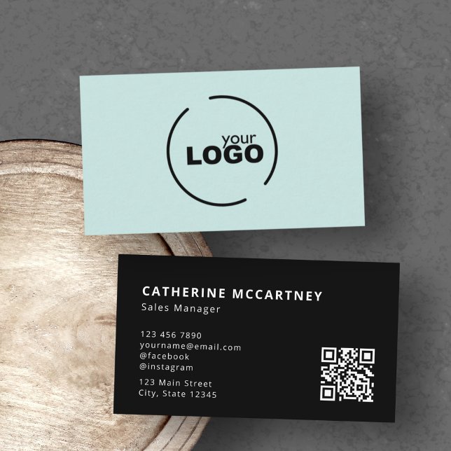 Professional Modern Logo QR Code Turquoise & Black Business Card (Creator Uploaded)