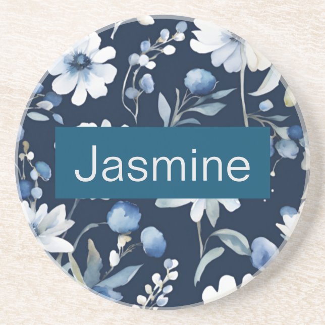 Professional Modern Minimalist Blue Floral Name Coaster (Front)