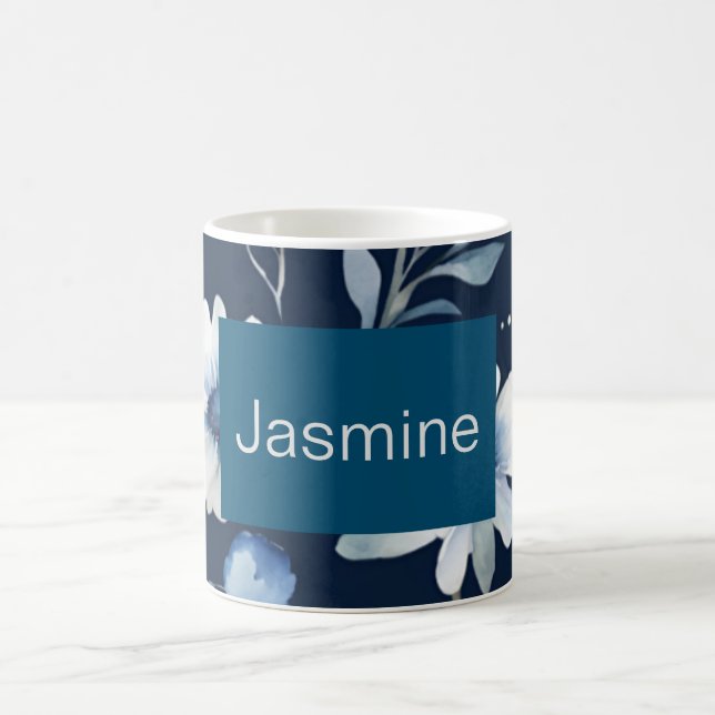 Professional Modern Minimalist Blue Floral Name Coffee Mug (Center)