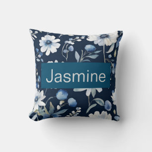 Professional Modern Minimalist Blue Floral Name Cushion