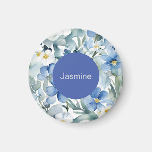 Professional Modern Minimalist Blue Floral Name Magnet
