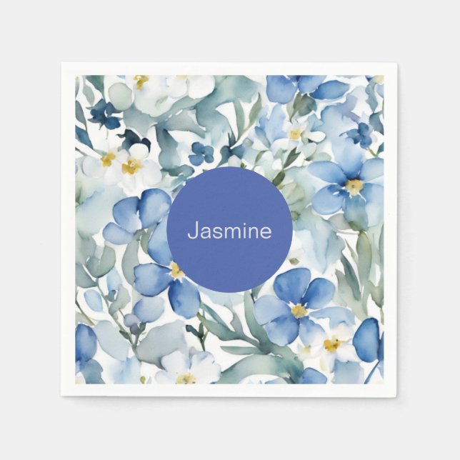 Professional Modern Minimalist Blue Floral Name Napkin (Front)