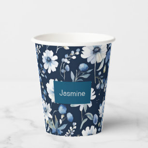 Professional Modern Minimalist Blue Floral Name Paper Cups