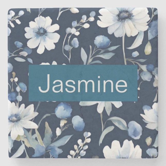 Professional Modern Minimalist Blue Floral Name Stone Coaster (Front)