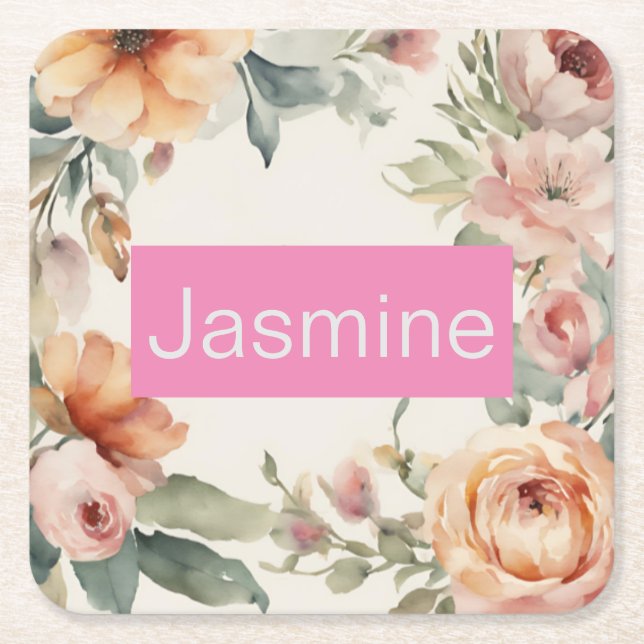 Professional Modern Minimalist Roses Floral Name Square Paper Coaster (Front)