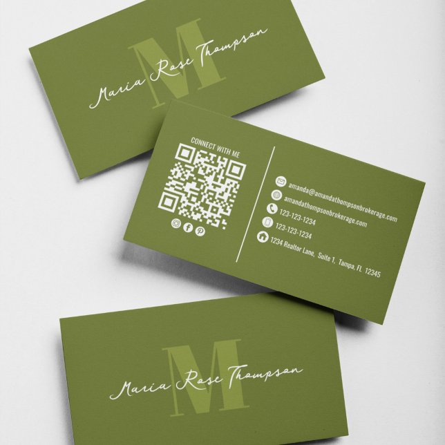 Professional Modern Monogram Green QR Code  Business Card (Elegant olive green monogram business card featuring a custom QR code for instant connections.)