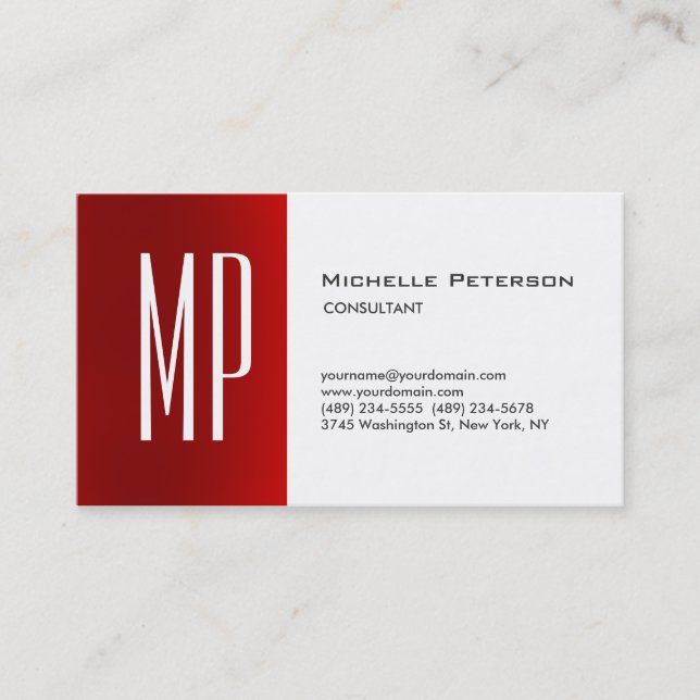 Professional Modern Plain Red White Monogram Business Card (Front)