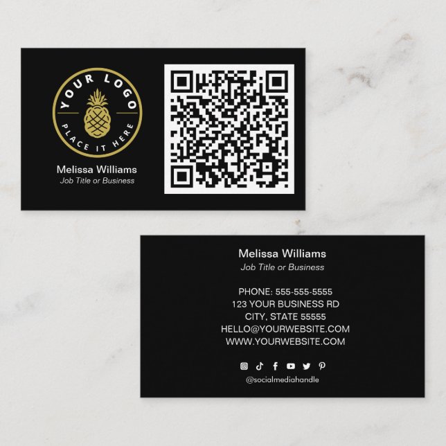 Professional Modern QR Code Custom Logo Black Business Card (Front/Back)