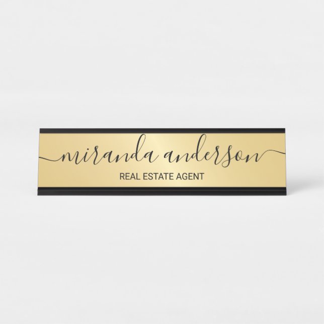 Professional Modern Script Black and Gold Desk Name Plate (Front)