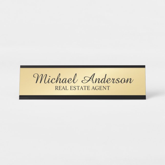 Professional Modern Script Black and Gold Desk Name Plate (Front)